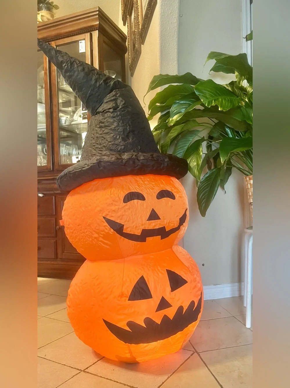 Halloween Inflatable Orange Jack-O'-Lantern Snowman with Black Witch Hat